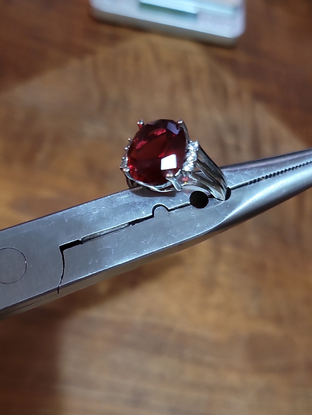 925 Silver Ring with Deep Red Oval Garnet Stone, 6 Accent Diamonds. Size 7.5